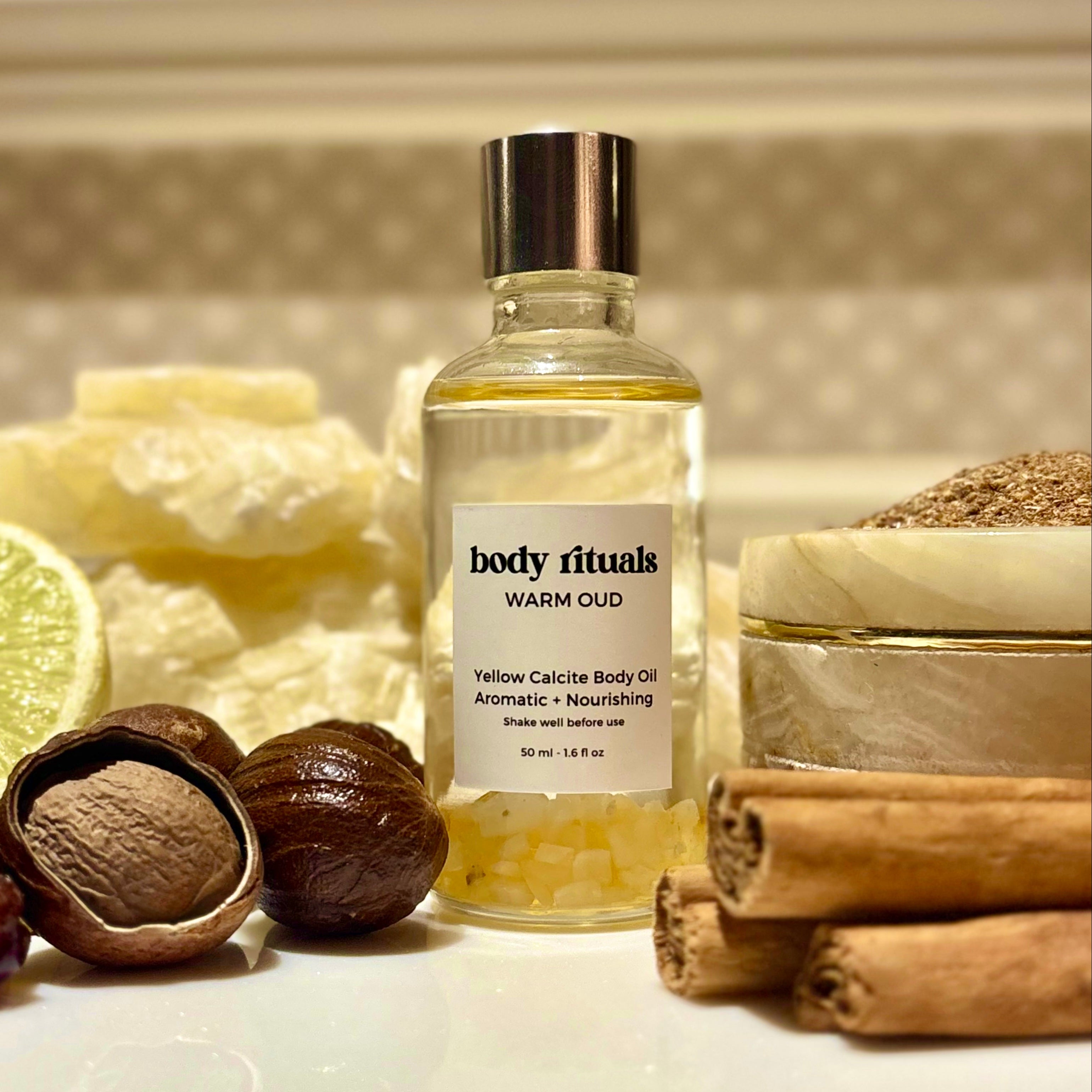 Warm Oud Aromatic Body Oil - Yellow Calcite Crystals 