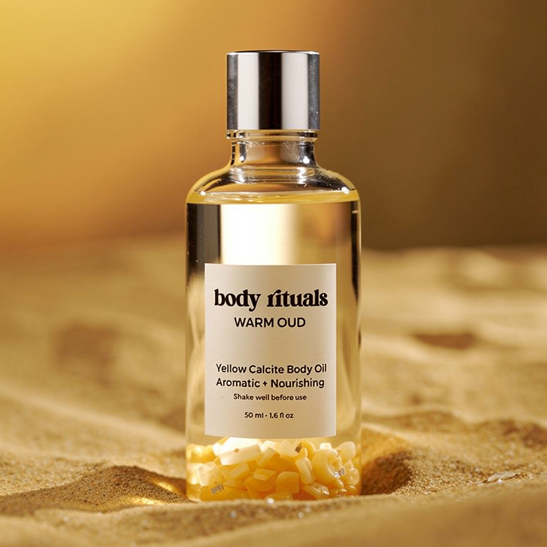 Warm Oud Aromatic Body Oil - Yellow Calcite Crystals 