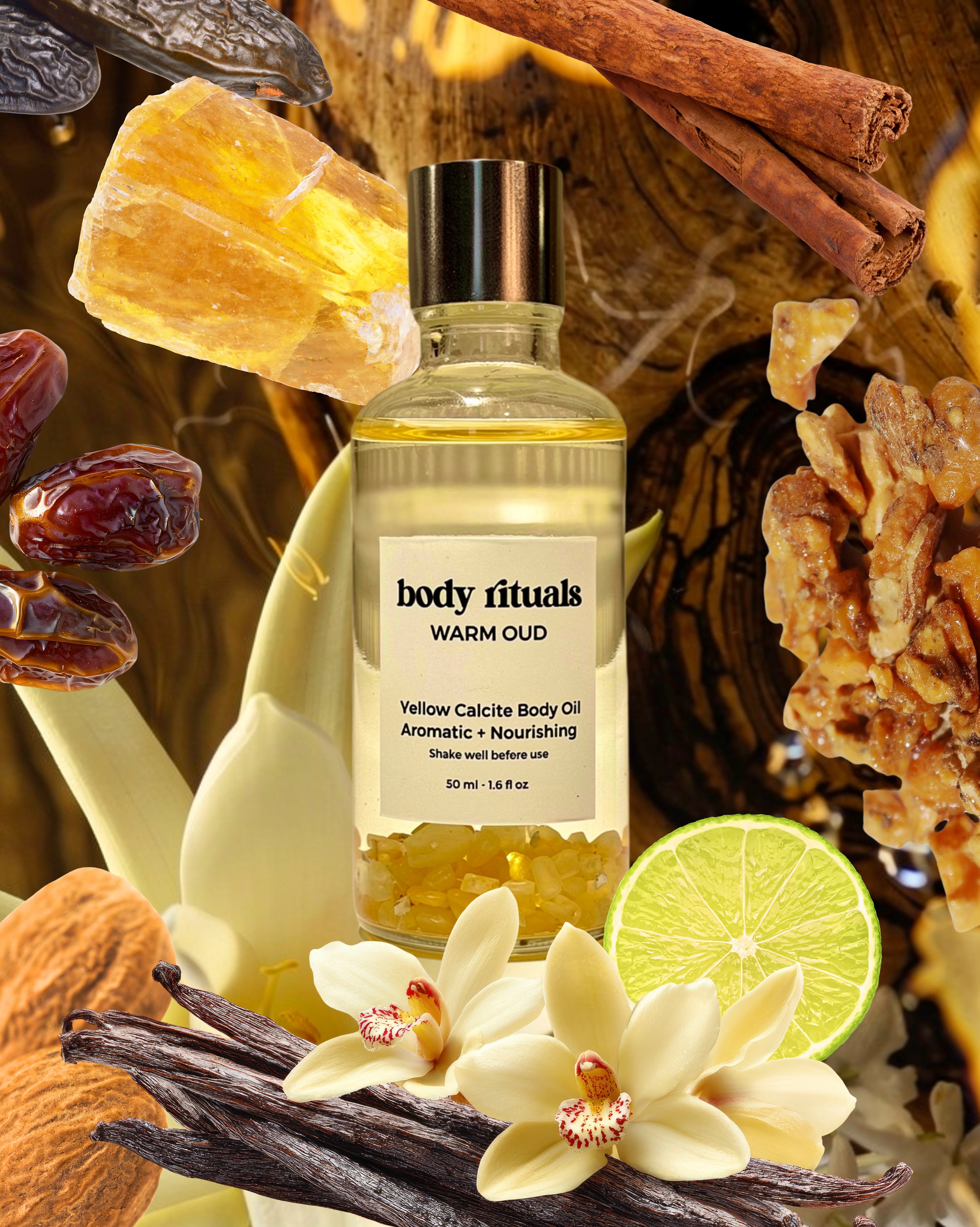 Warm Oud Aromatic Body Oil - Yellow Calcite Crystals 